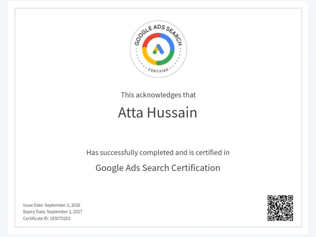 Google Ads Certification Verification Proof Atta Hussain